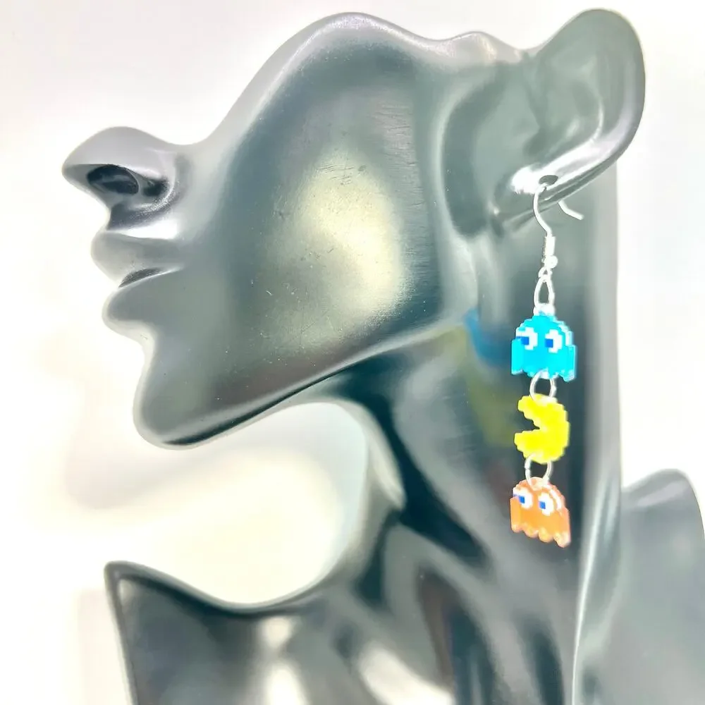 Pacman Earrings - Retro Arcade Dangle Jewelry - Fun Colorful Gamer Style - Picture 7 of 8